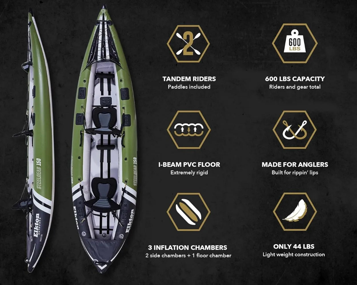 Steelhead Inflatable Fishing Kayak - Angler Blow Up Kayak, Includes Paddle, Seat, Hard Mounting Points, Bungee Storage