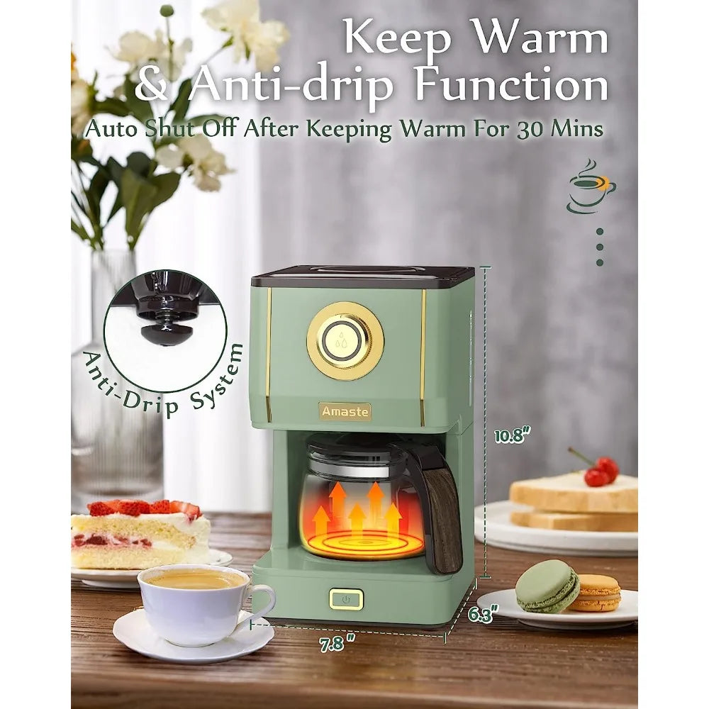 Retro Style Coffee Maker with Reusable Coffee & Three Brewing Modes, 30minute-Warm-Keeping, Matcha Green