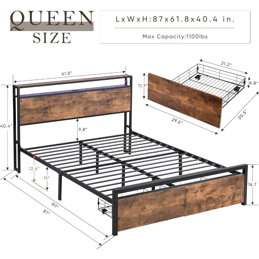 Queen 2-Tier Shelves Headboard, Storage Drawers Lights, LED Frame w/USB Ports & Outlets, Platform Bed Metal Slats Support Mattre