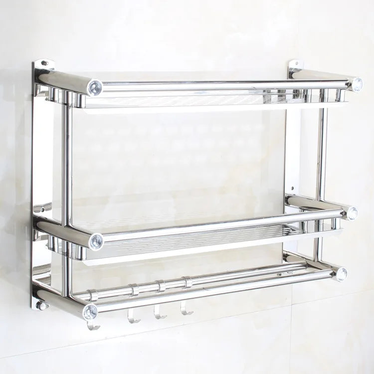 Towel Shelf Punch-free Wall Mounted Towel Rack Movable Stainless Steel Polished Bathroom Storage Organizer Shampoo Holder Basket