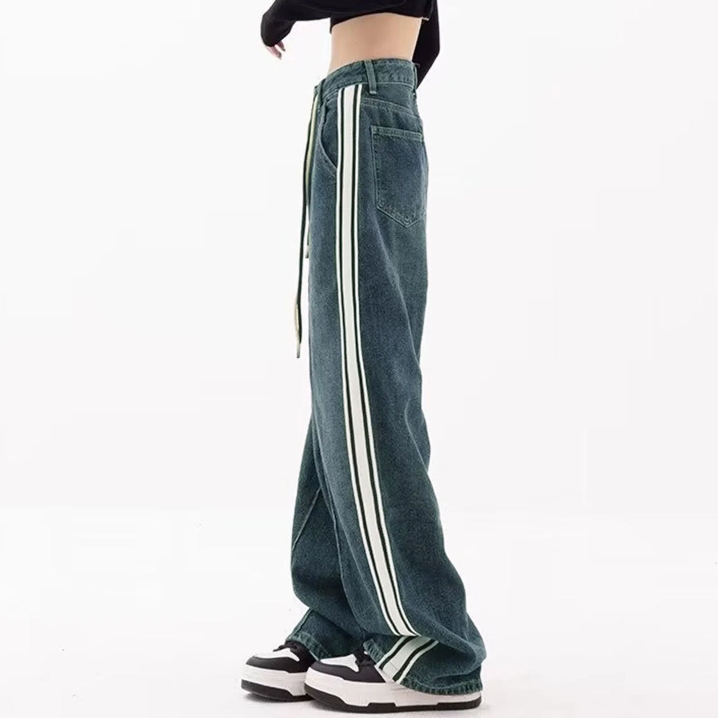 Low Rise Y2K Baggy Jeans Women's Retro Striped Contrast Color Lace Up Washed Denim Trousers Spring Autumn Wide Leg Jeans Pants