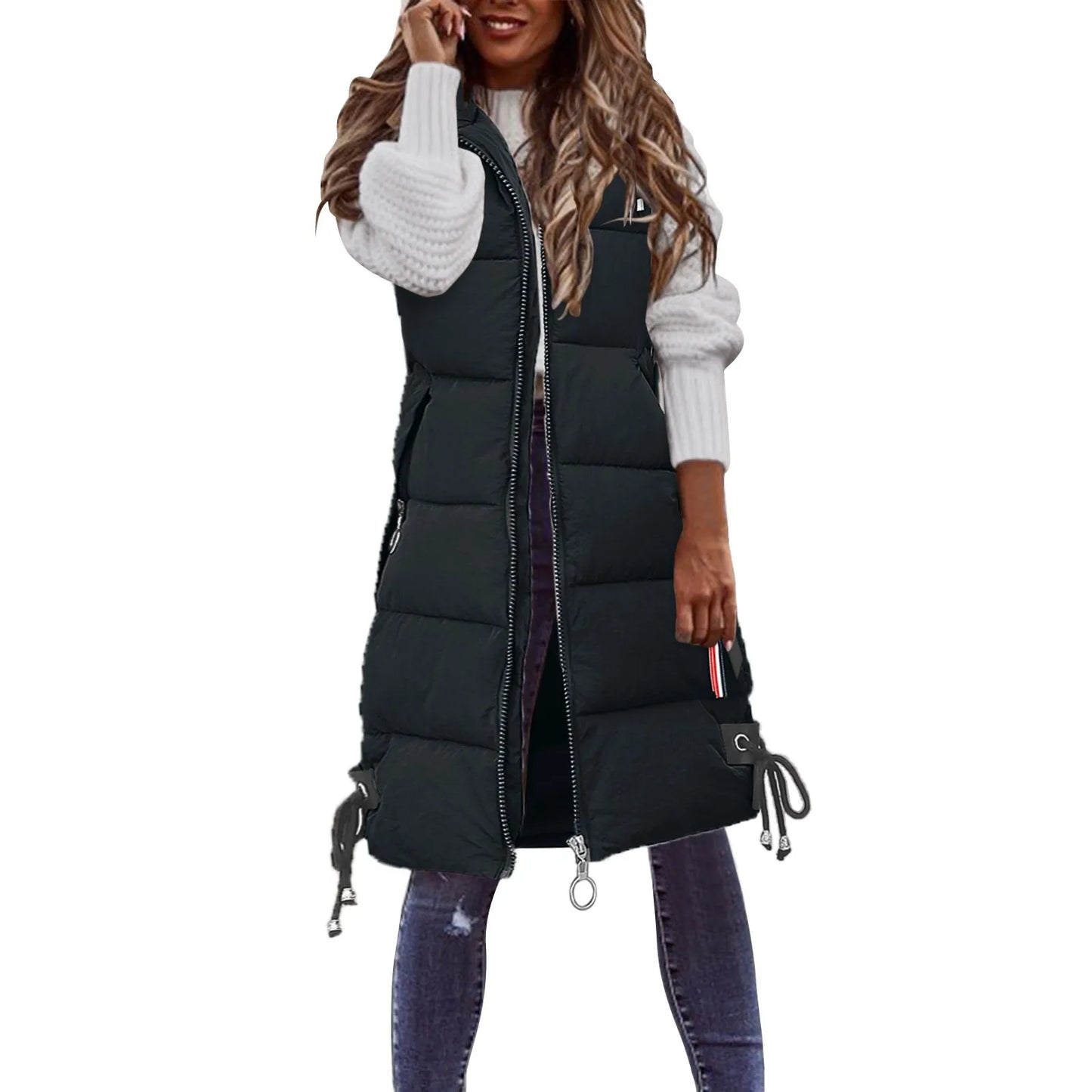 Women's Sleeveless Long Vest Jacket Solid Color Zipper Hooded Vests Waistcoat Loose Female Fashion Casual Winter Warm Coat