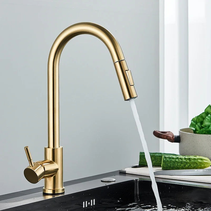 Gold Kitchen Faucet Pull Out Kitchen Sink Water Tap Single Handle Mixer Tap 360 Rotation Kitchen Shower Faucet