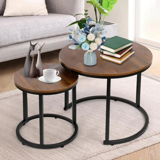 Coffee Table Nesting Set of 2 Round End Table Accent Side Stacking Tables with Sturdy Metal Frame，Modern Living Room Table