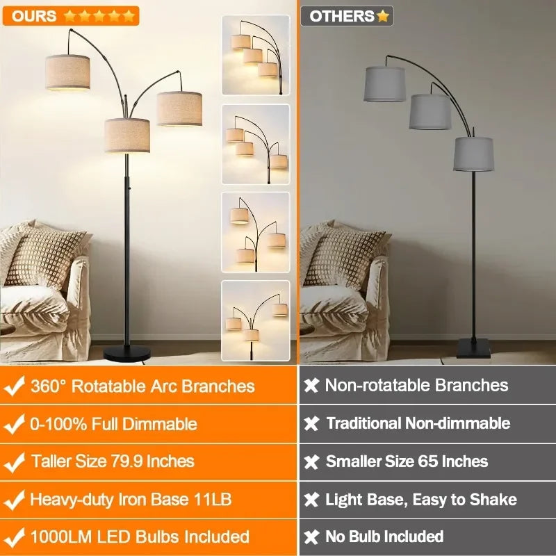 3 Lights Arc Floor Lamps for Living Room, 1000LM Modern Tall Standing Lamp With Beige Shades & Heavy Base, 3 LED Bulbs Include