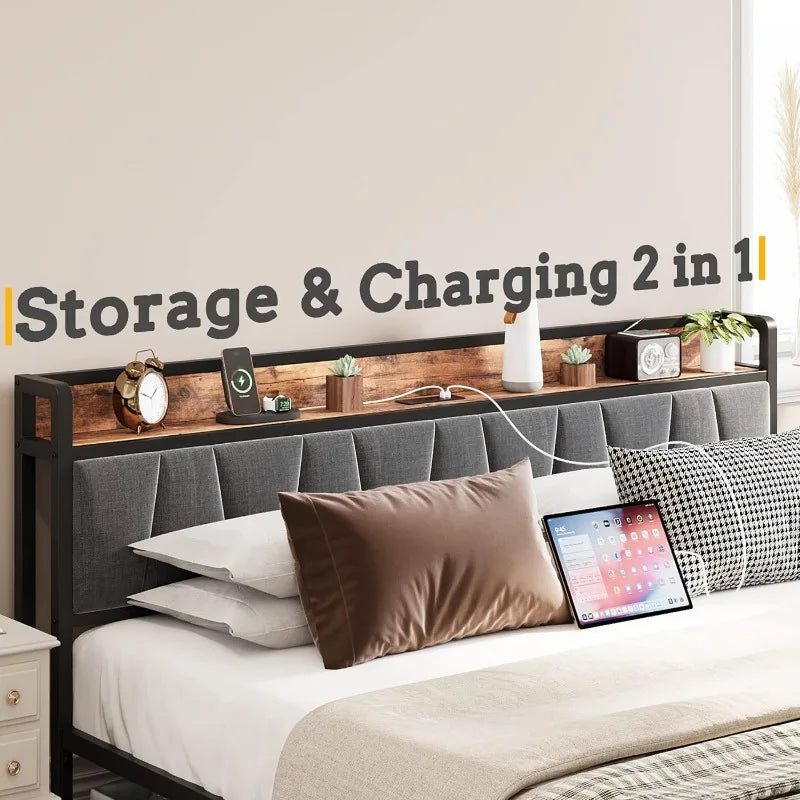 LIKIMIO Queen Bed Frame Storage Headboard with Charging Station Platform Bed with Drawers No Box Spring Needed Easy Assembly