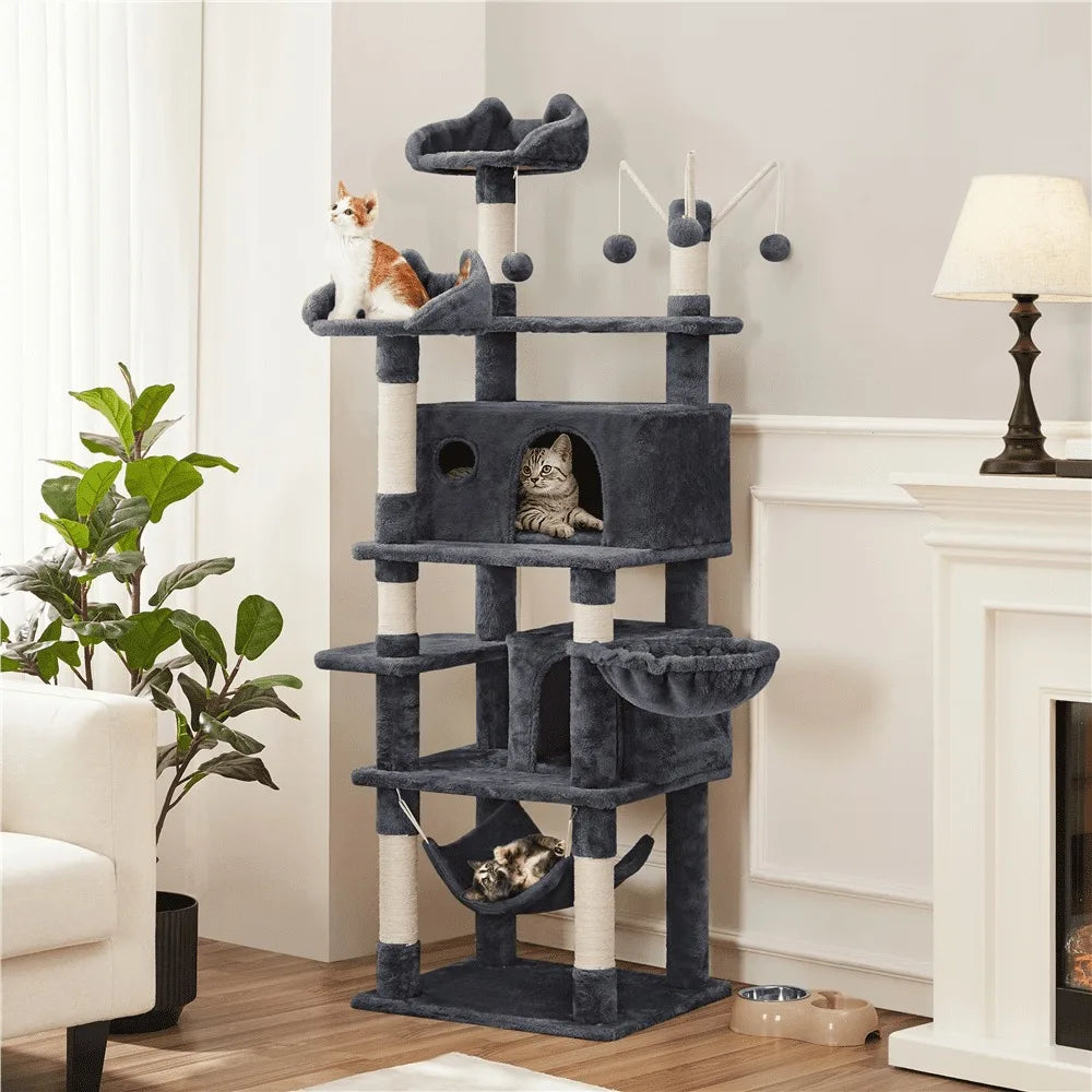 67" H Multi-Level Cat Tree Tower with 2 Cat Condos & Hammock Basket, Dark Gray Pet Products Cat Supplies