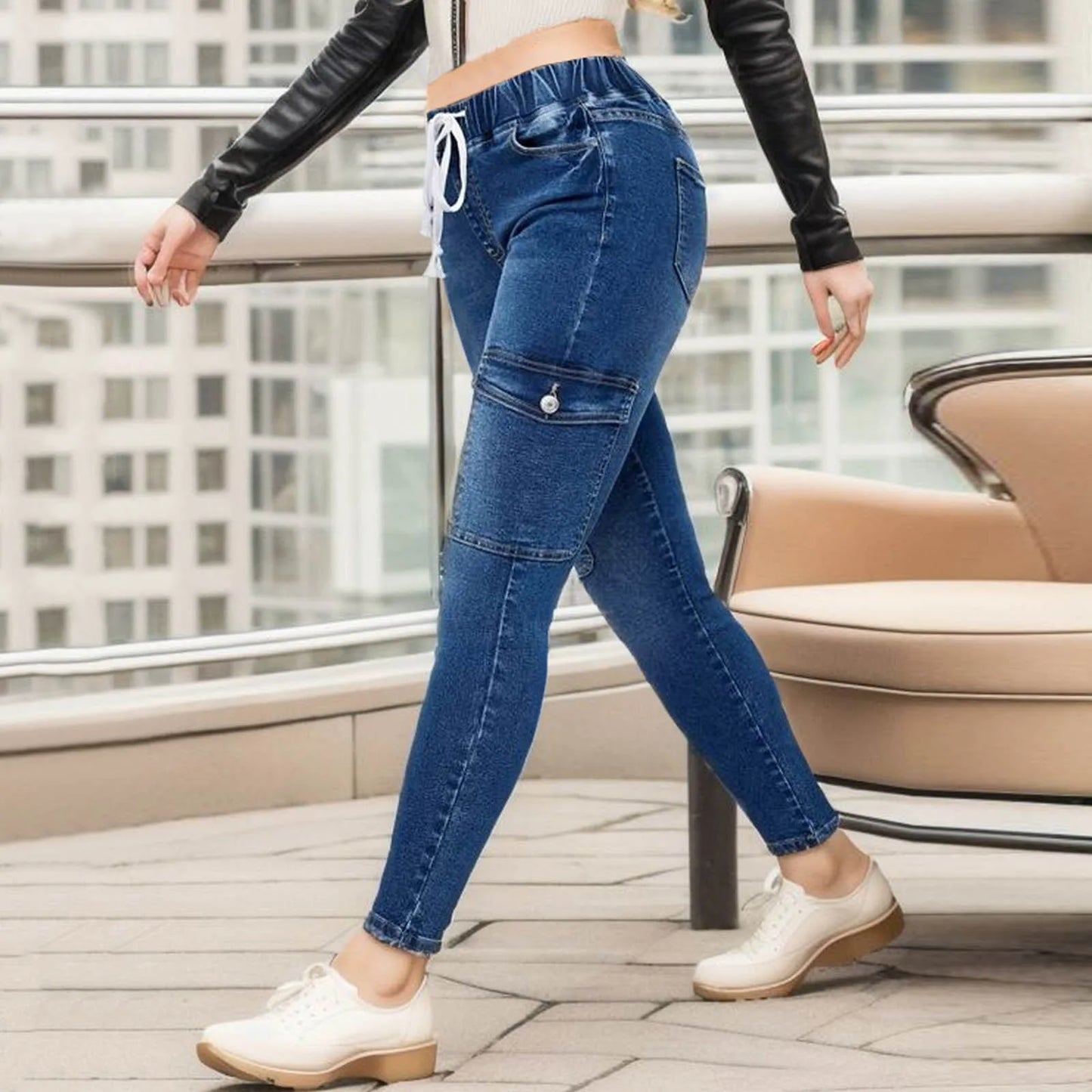 Women Casual Workout Jeans Drawstring Elastic Waist Denim Trousers Fashion Slim Fit Hip Lift Leggings Vintage Blue Pencil Pants