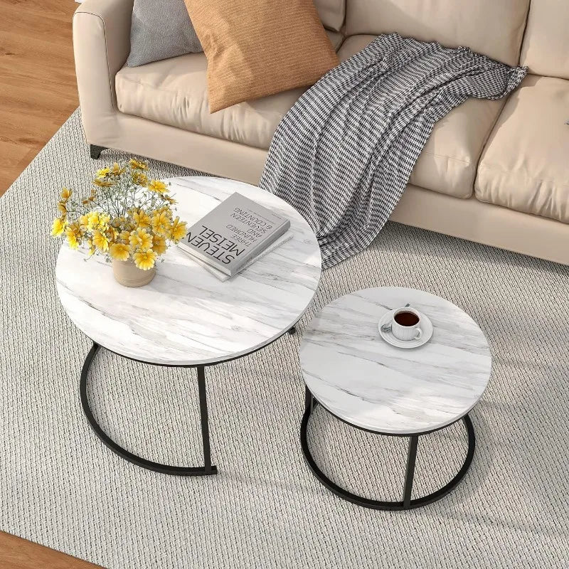 Industrial Round Coffee Table Set of 2 End Table for Living Room,Wood Look Accent Furniture with Metal Frame