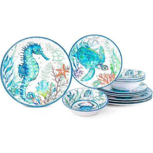 12-Piece Melamine Beach Dinnerware Set, Coastal Plates and Bowls Sets, Oceanic Sea Life Dish Sets for 4, Great for Indoor