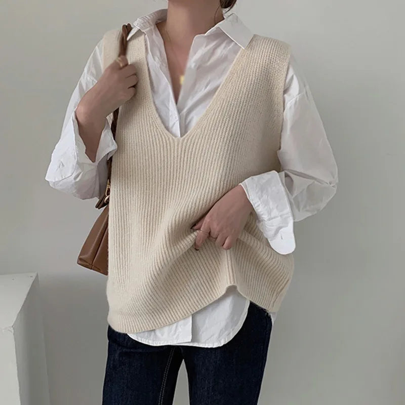 Loose Sweater Vest For WomenSleeveless Knitted Oversized Pullover Simple Tops Casual Knitted Jumper Oversized Coat  Outwear