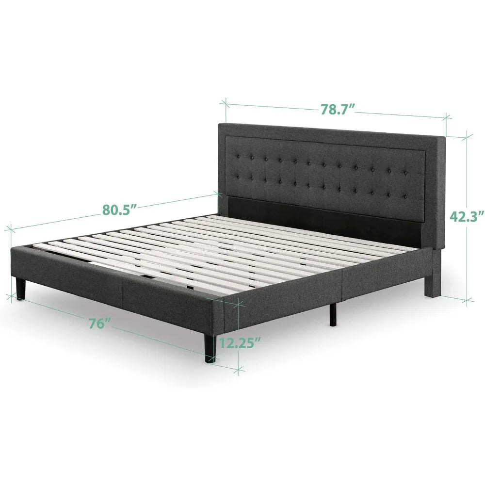 Upholstered Platform Bed Frame, Mattress Base, Wooden Slats Support, No Box Spring, Easy Assembly, King Size Bed, Dark Grey