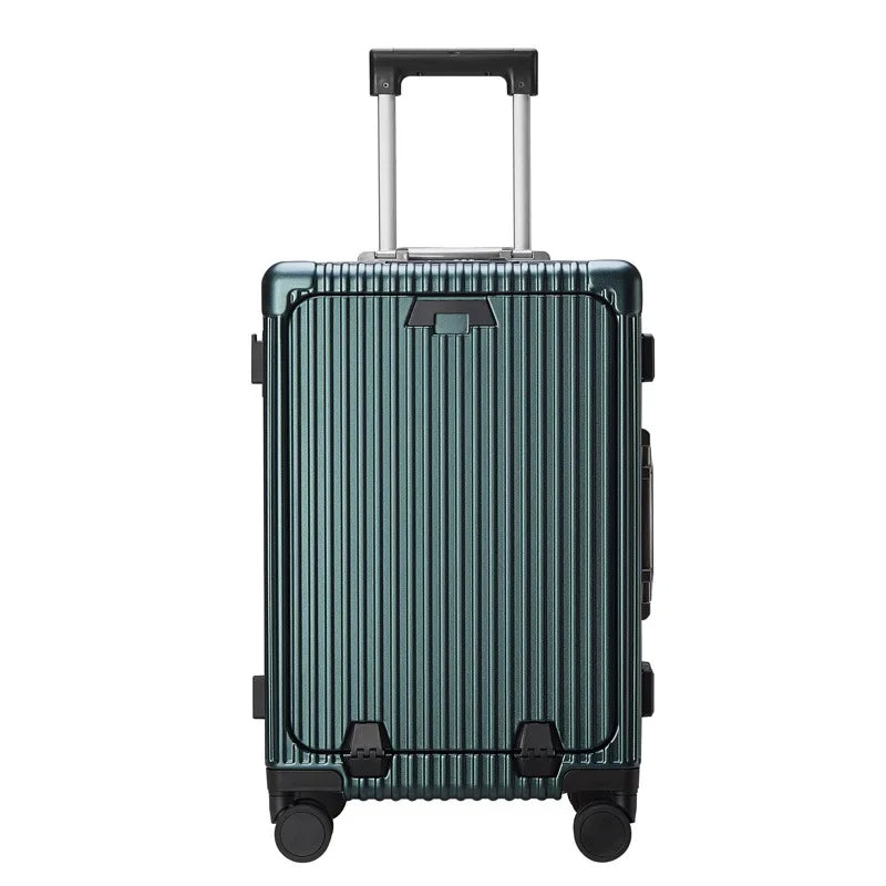 Suitcase Front Opening Aluminum Frame Rolling Luggage Spinner USB Cup Holder Phone Stand Cabin Carrier Unisex Travel Bag