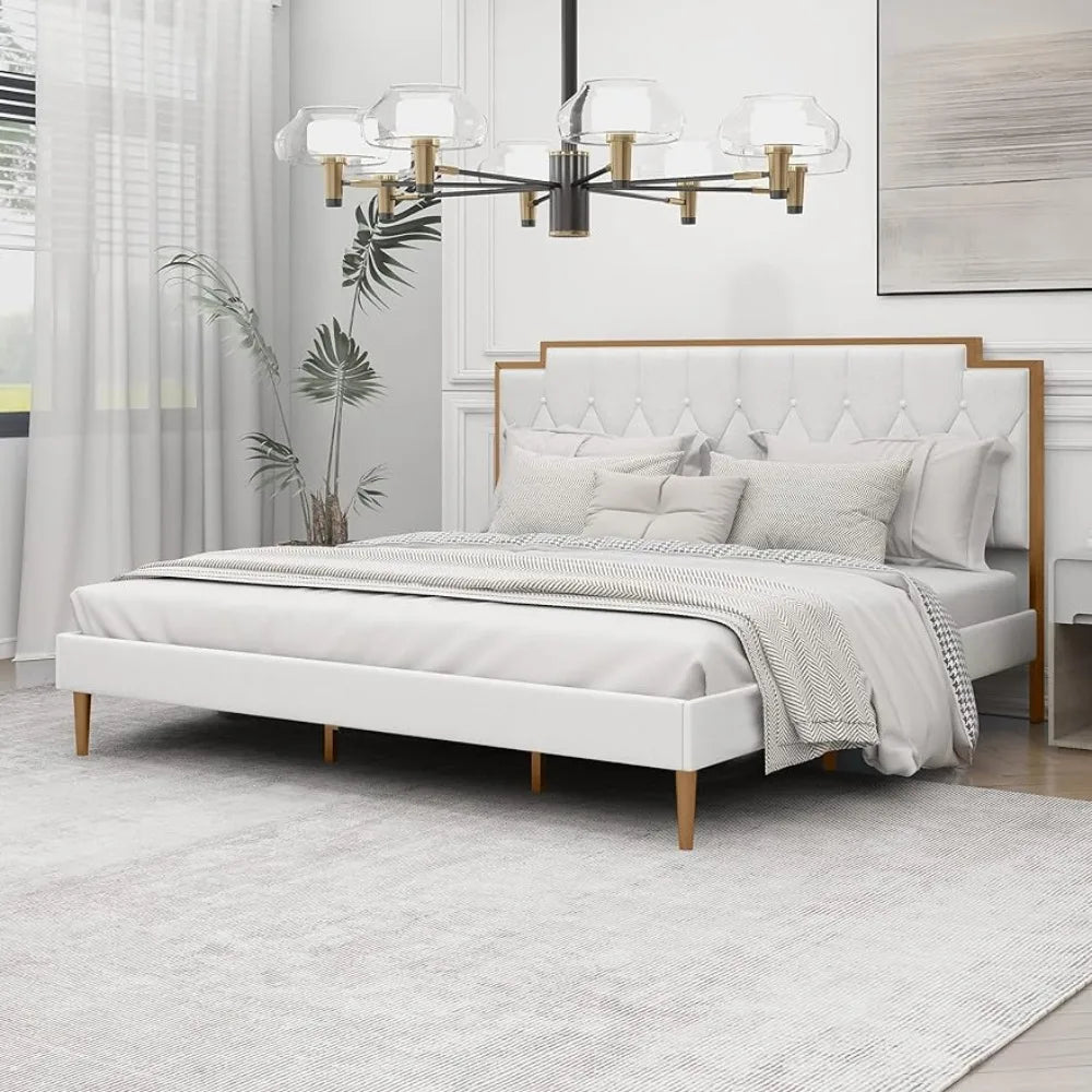 Upholstered Platform King Size Bed Frame with Headboard Premium Stable Wood Slat Support No Box Spring Required Cream Bedroom