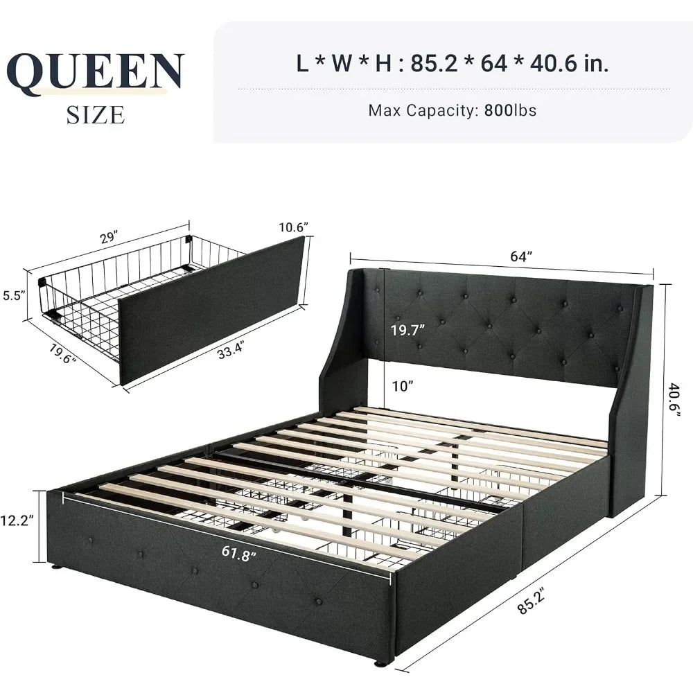 Queen-size bed frame with 4 storage drawers and wing-back headboard, button-tufted design, no need for a box spring