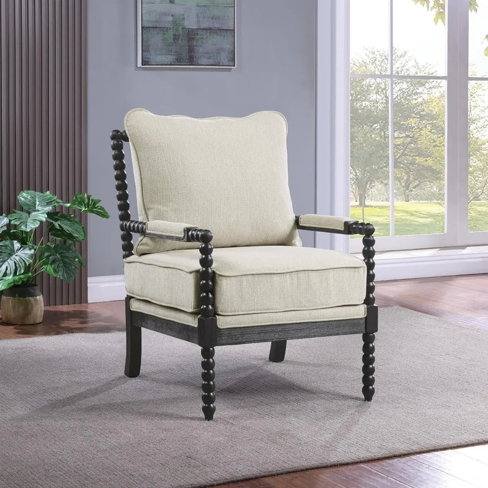 OSP Home Furnishings Eliza Spindle Accent Chair, Linen Fabric with Black Wood chairs living room  papasan chair