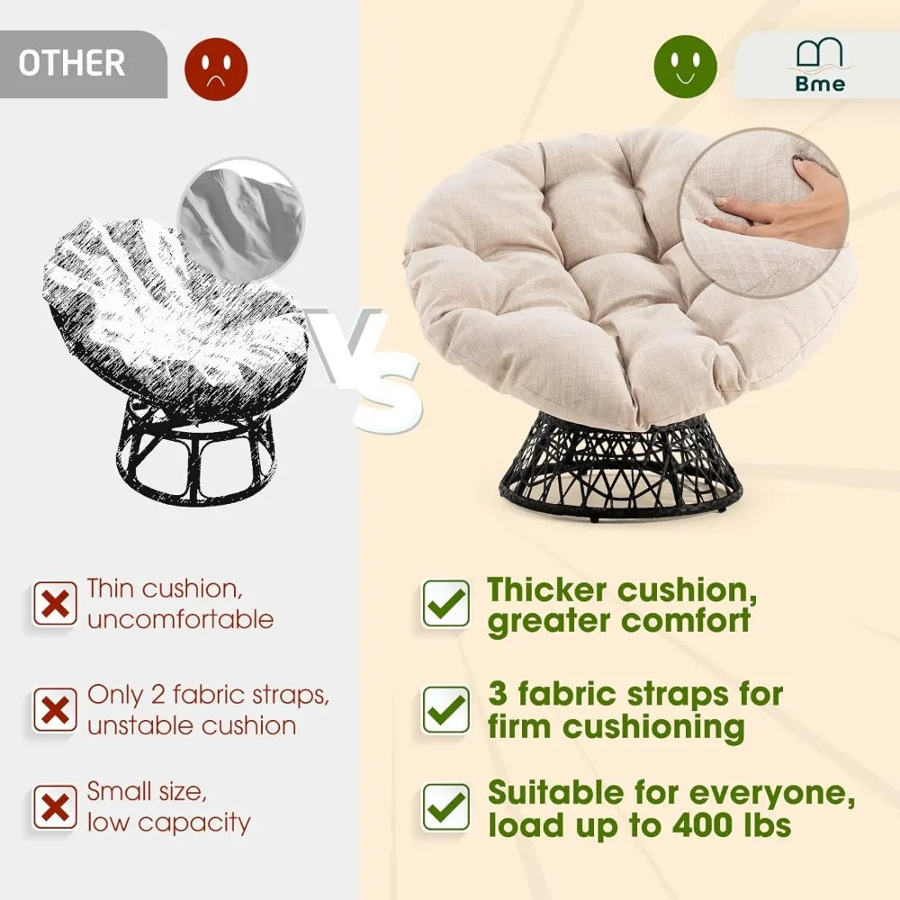 Ergonomic Wicker Papasan Chair with Soft Thick Density Fabric Cushion, High Capacity Steel Frame, 360 Degree Swivel for Living,