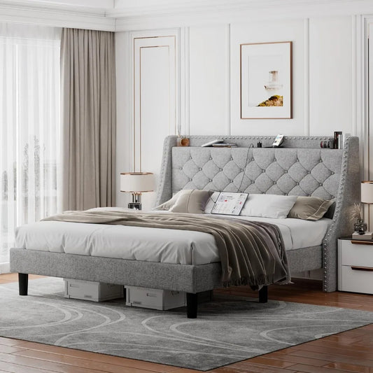 King Bed Frame with Luxury Wingback Upholstered Button Tufted Storage Headboard, King Platform Bed with Charging Station