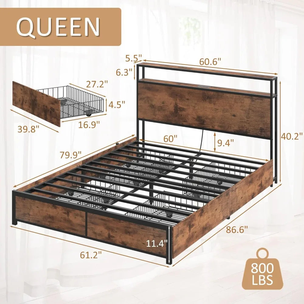 Bedstead Headboard with 2 Layers of Storage, Metal Platform Bed Frame with 4 Storage Drawers, Built-in Charging Station and LED