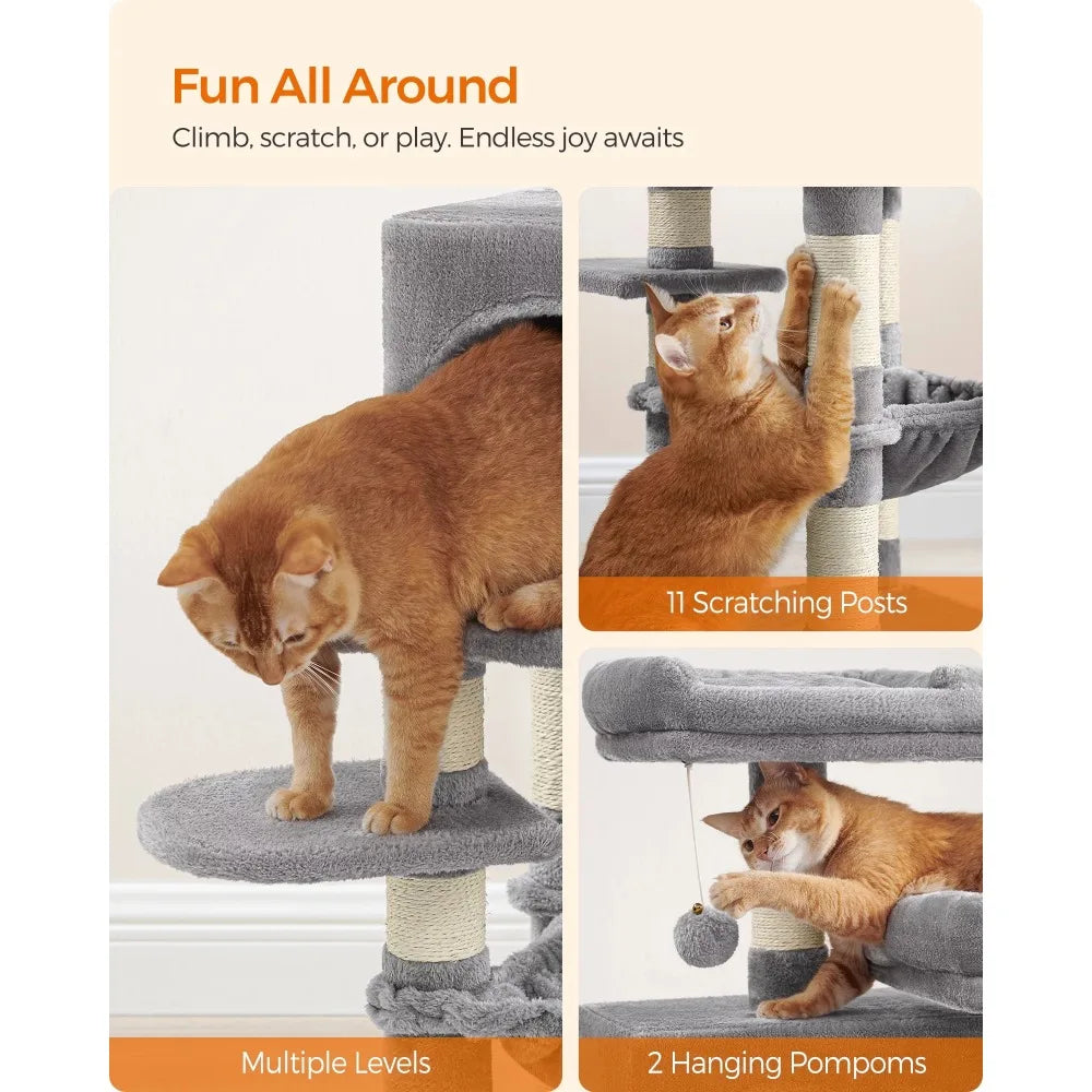 Tower for Cats Cat Tree Cat Tower With 11 Scratching Posts Multi-Level Cat Condo 2 Perches Cave Hammock Light Gray Free Shipping