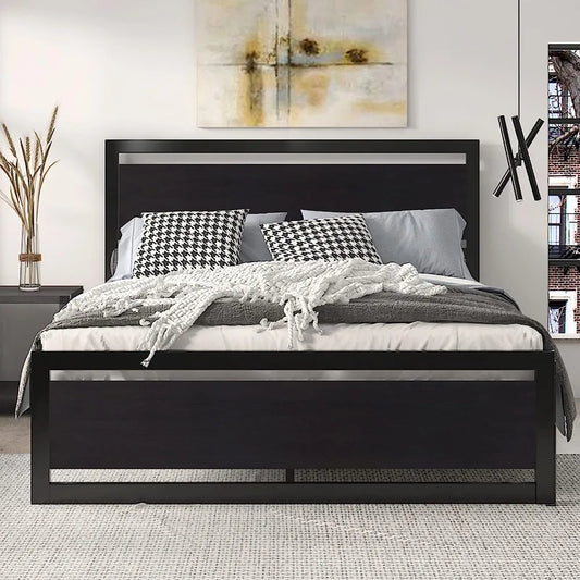 Queen Size Bed Frame with Modern Wooden Headboard/Heavy Duty Platform Metal Bed Frame with Square Frame Footboard & 13 Strong