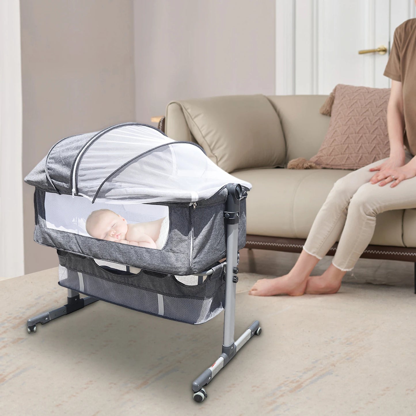 Baby Newborn Bassinet Bedside Crib Infant Sleeper Bed Cradle Gray Cradle Bed NEW Portable Crib Adjustable Bed Side