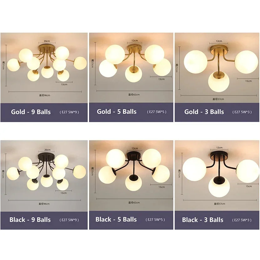 Nordic Milk White Glass Ball Ceiling Lights Black Gold Lamp Body for Living Room Bedroom LED Chandelier Drop Shipping