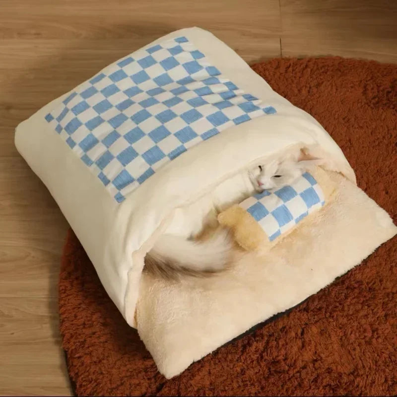 Cute Cat Bed Warm Cat Sleeping Bag Deep Sleep Cave Winter Detachable Pet House Bed for Cats Dogs Nest Pillow with Pillow