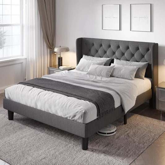 Full Size Bed Frame With Button Tufted Wingback Headboard Bed Bases & Frames Easy Assembly No Box Spring Needed Dark Grey Queen