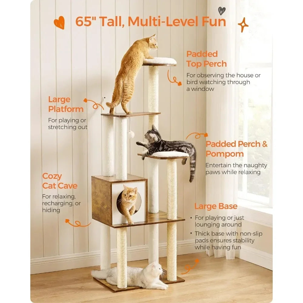 Tree for Cats 65-Inch Modern Cat Tower for Indoor Cats Multi-Level Cat Condo With 5 Scratching Posts Washable Removable Cushions