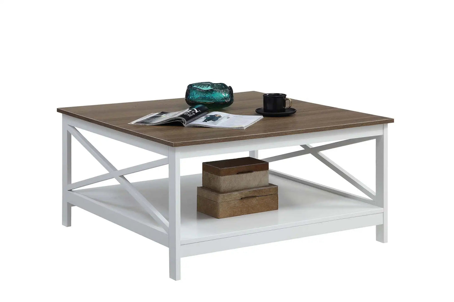 Oxford 36" Square Coffee Table, Driftwood/White for Living Room, Small Rising Wooden Dining Center Tables