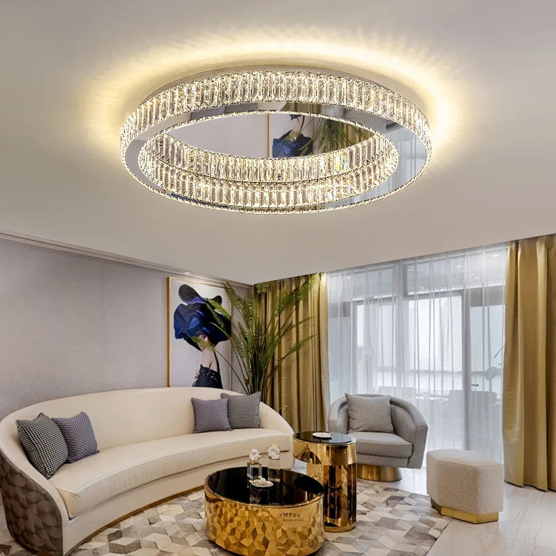 Modern Luxury Crystal LED Ceiling Light Living Room Kitchen Island Lamp Stainless Steel Round Chrome Art Ceiling Pendant Fixture