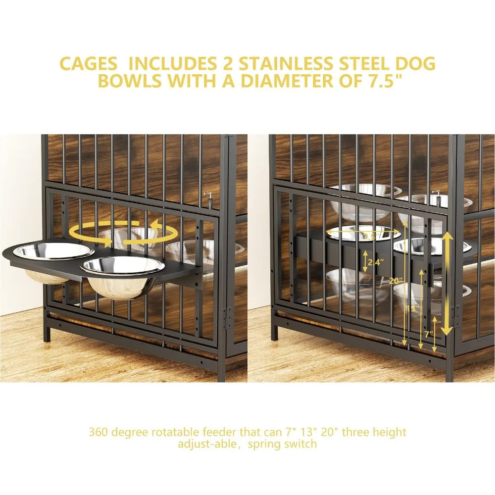 2024 New Dog Crate with Two 360° & Adjustable Stainless Steel Bowls, End Table Dog House, Dog Kennels Indoor Use