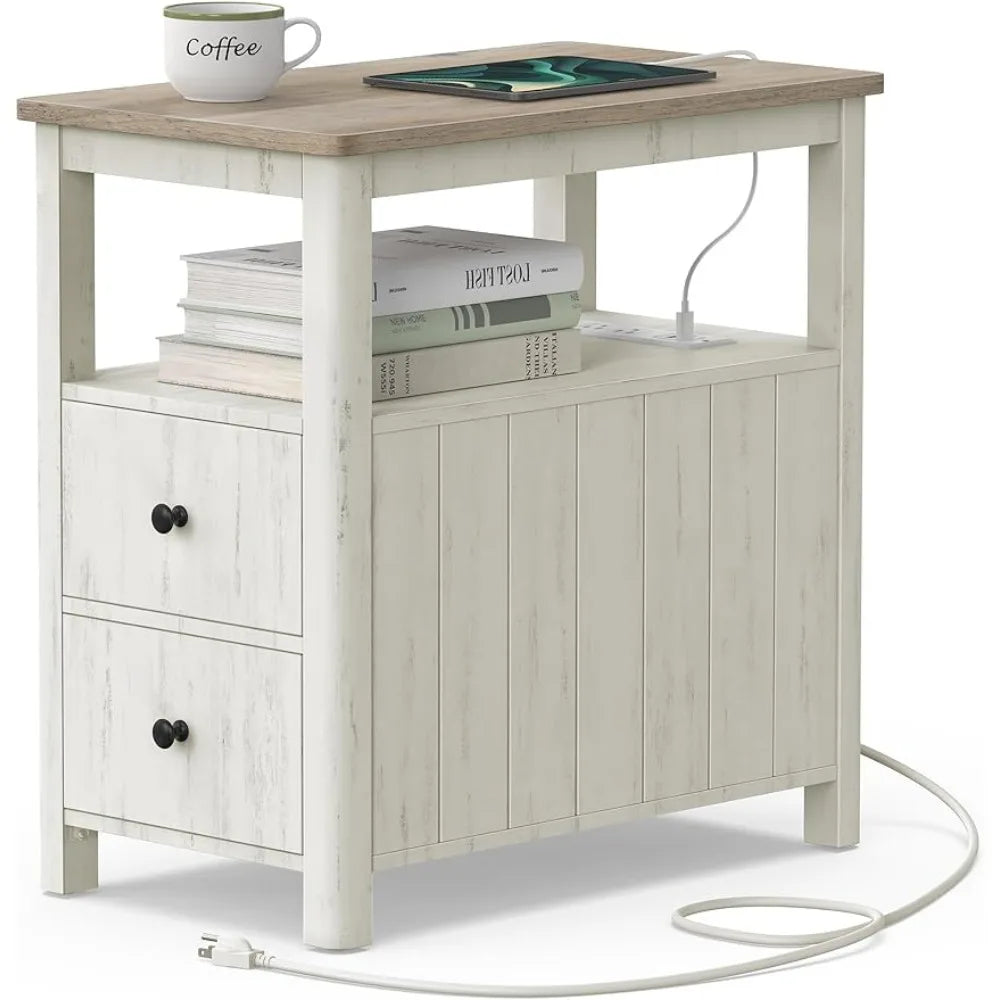 Side table, living room end table with charging station, 2 drawers, and storage room, household living room small coffee table