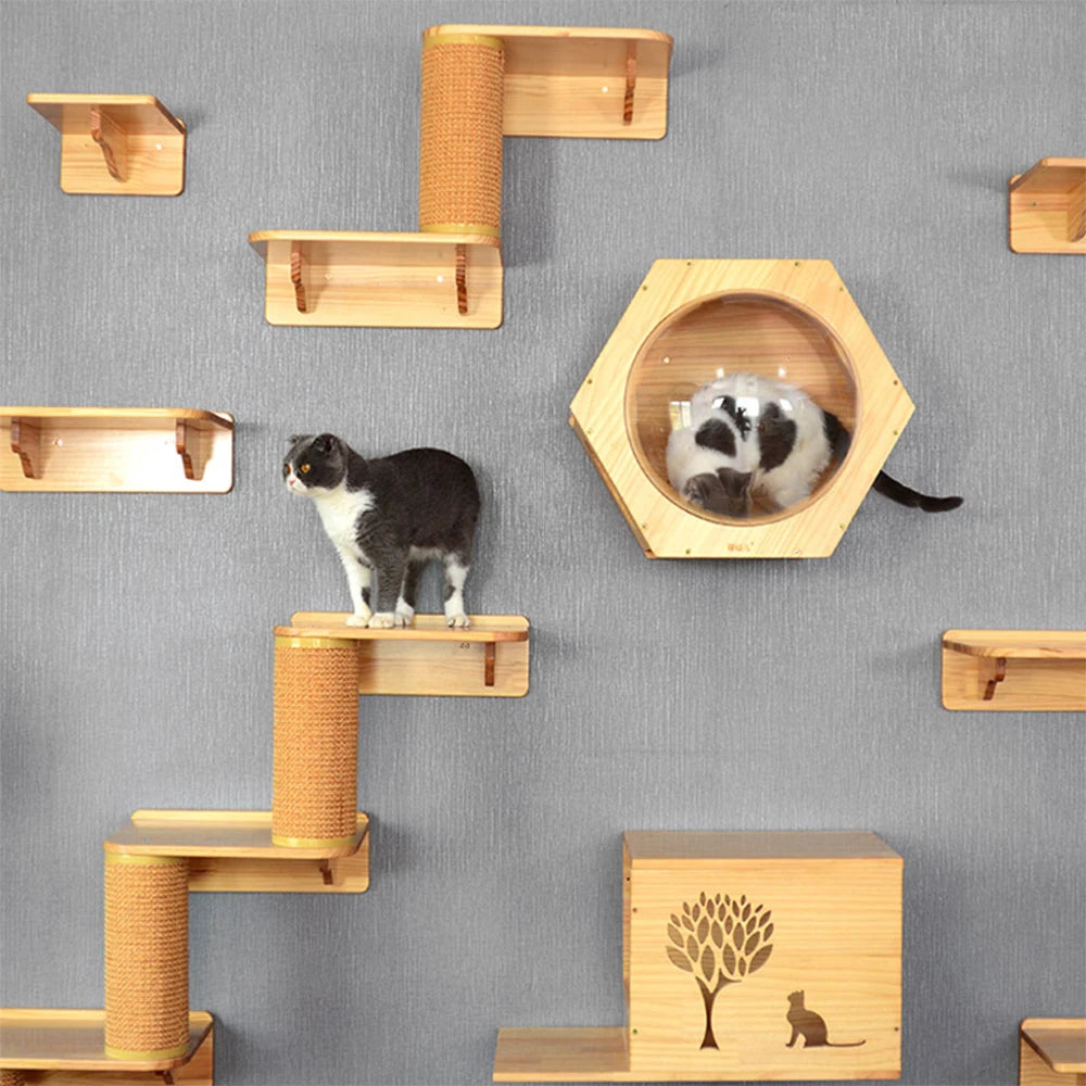 Cat Wall Climbing Shelves Wall Mounted Hammock Cat Scratching Post Wooden Stairway Shelves with Sisal Rope Ladder Wall Cat Tree