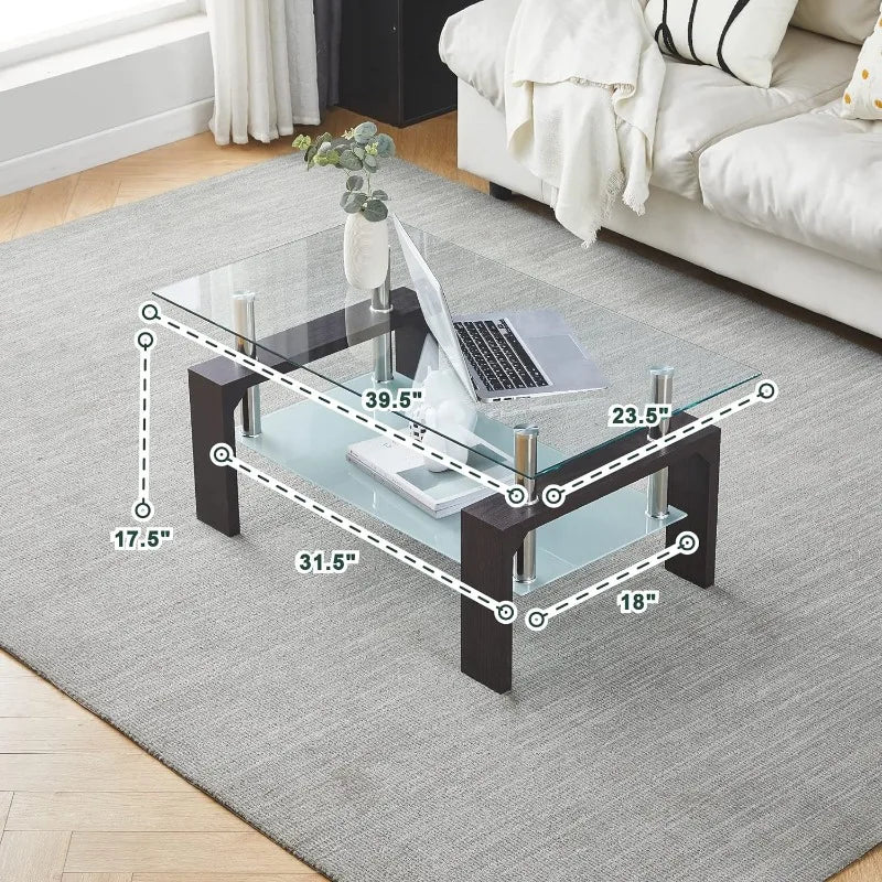 Living Room Rectangle Coffee Table, Tea Table Suitable for Waiting Room Modern Side Coffee Table with Wooden Leg, Glass Tabletop