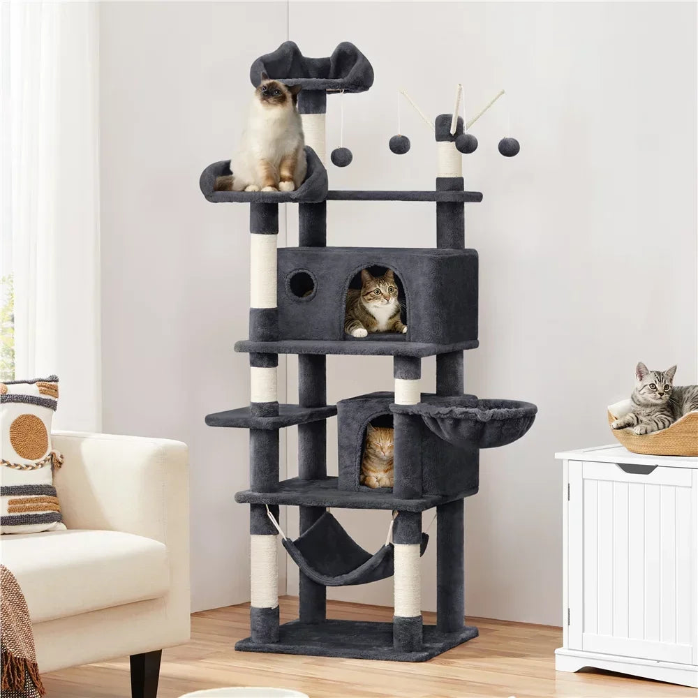 SMILE MART 67" H Multi-Level Cat Tree Tower with 2 Cat Condos & Hammock Basket, Dark Gray