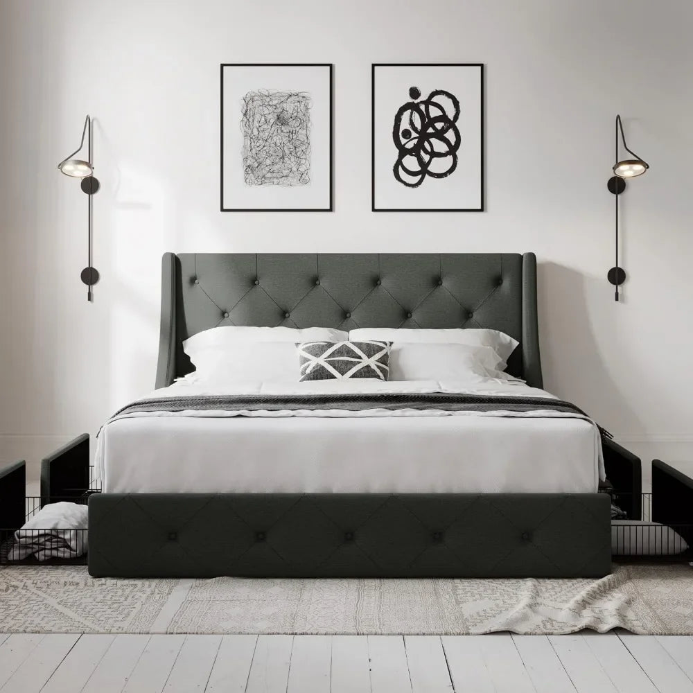 Queen-size bed frame with 4 storage drawers and wing-back headboard, button-tufted design, no need for a box spring