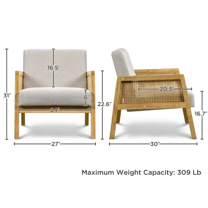 Fabric Upholstered Accent Chair with Rattan Sides for Living Rooms,Beige chairs living room  single sofa chair  furniture