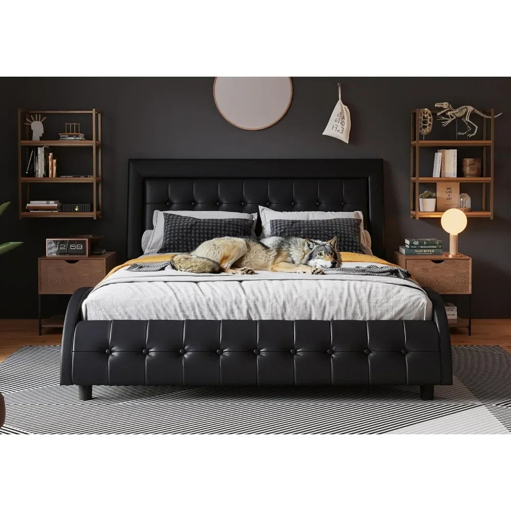 Full Size Box Tufted Platform Bed Frame/Faux Leather Upholstered Bed, With adjustable headboard/wooden slat supports/black.