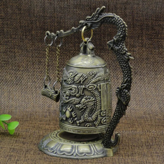 Exquisite Antique Home Decoration Zinc Alloy Vintage Style Bronze Slot Dragon Carved Buddhist Bell Chinese Geomantic Artware 1PC