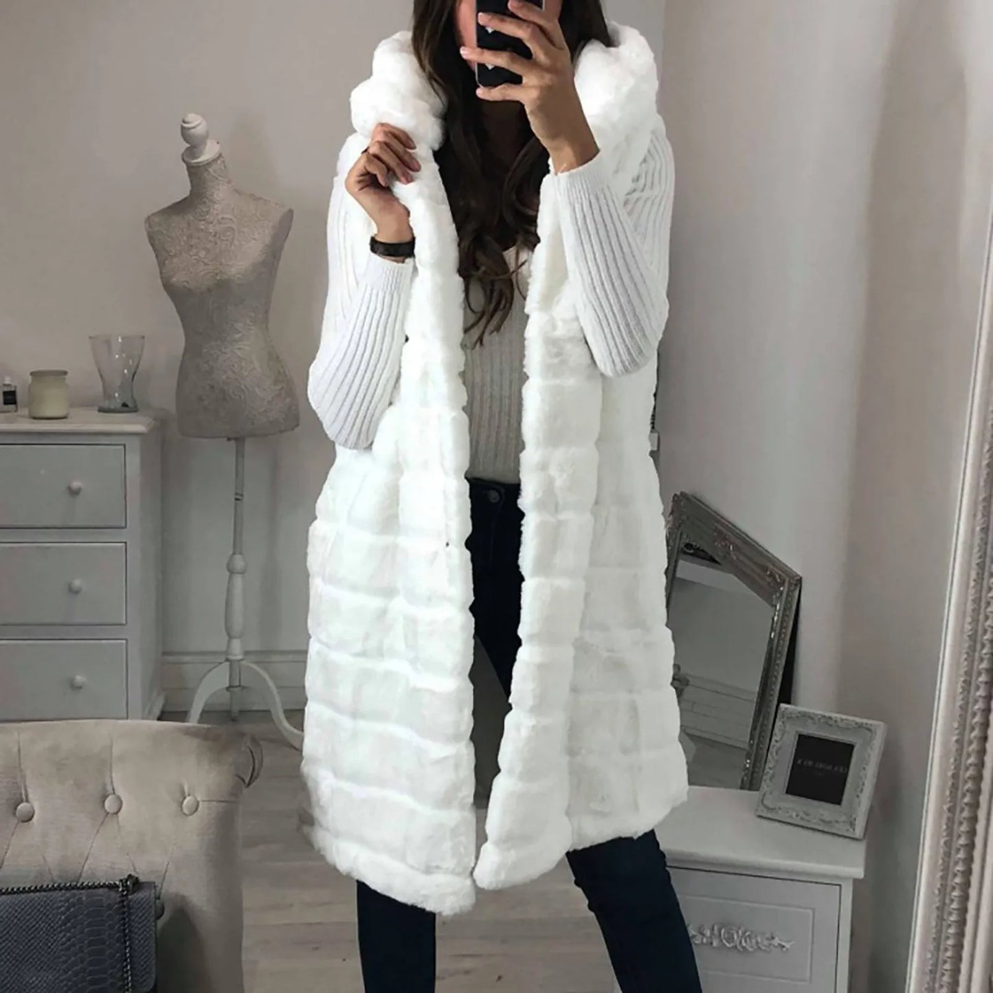 Autumn Winter Faux Sleeveless Hooded Vest Overcoat For Women Warm Open Front Soft Jacket Comfortable Temperament Streetwears