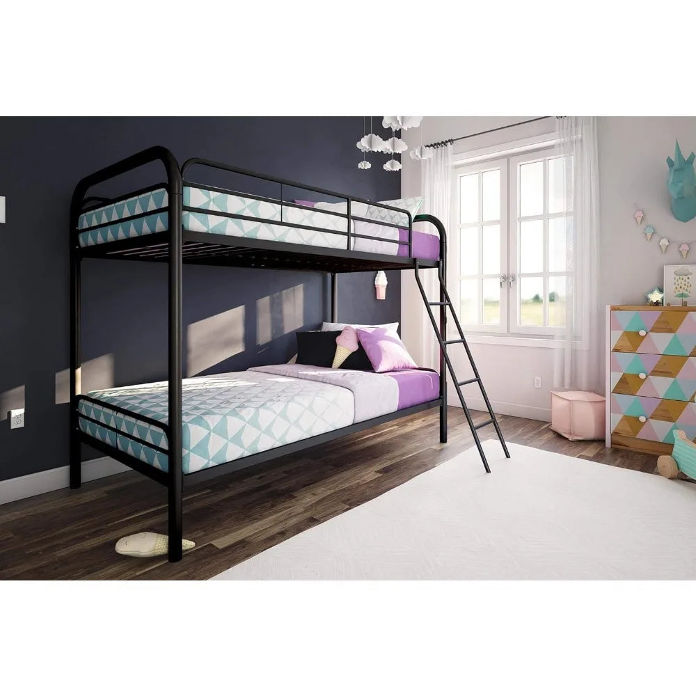 Twin-Over-Twin Bunk Bed with Metal Frame and Ladder, Space-Saving Design, Black