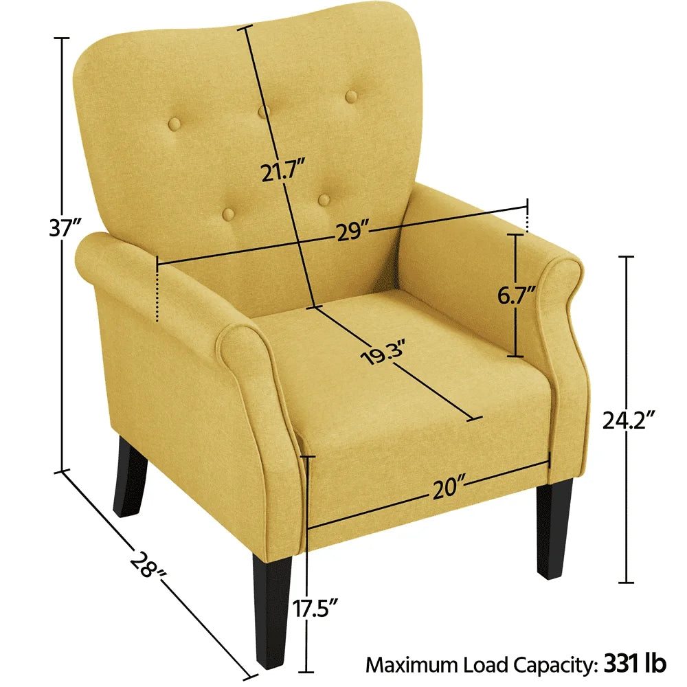 Mid-century Upholstered Fabric Accent Armchair for Living Room with Wooden Leg, Yellow