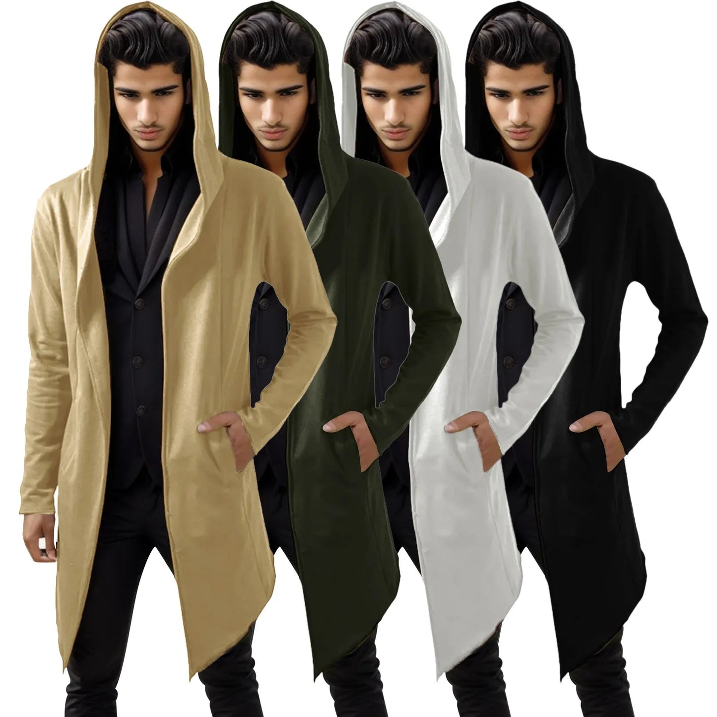 Windbreaker Men Winter Casual Hoodie Coat Solid Color Cardigan Cloak Coat Open Front Warm Long Outwear Autumn Winter 2023