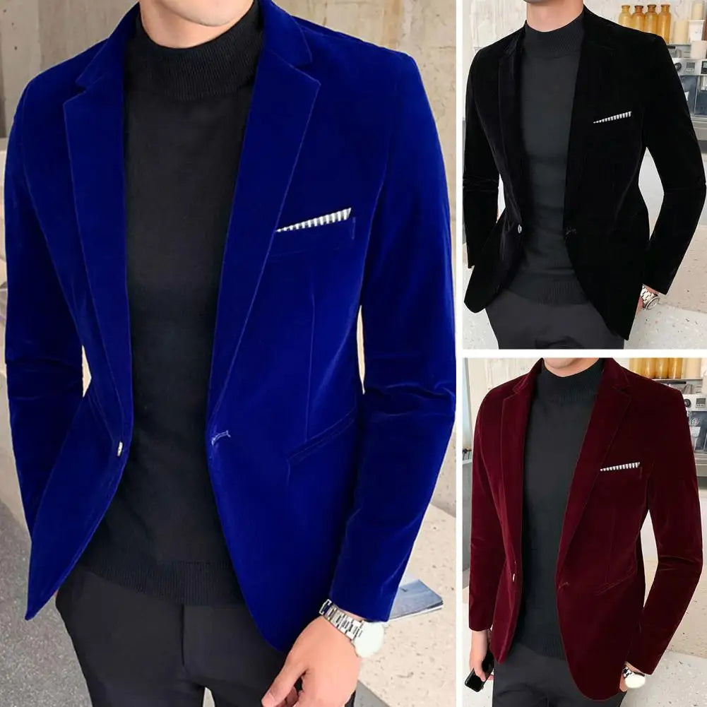 Stylish Men Blazer Temperament Suit Jacket Slim Fit Single Button Velvet Lapel Suit Coat