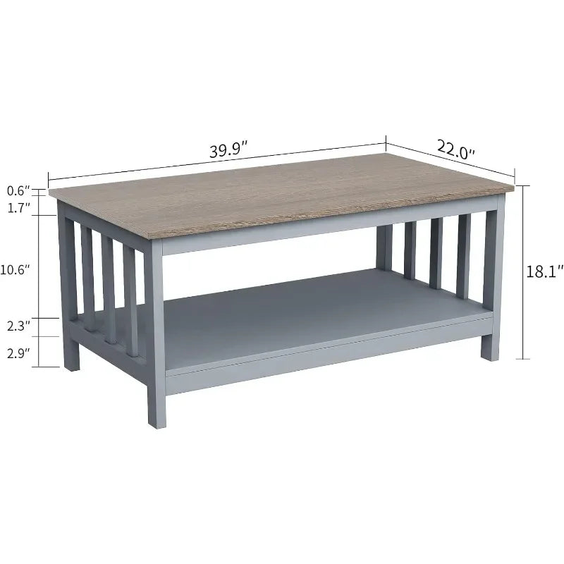 ChooChoo Farmhouse Coffee Table, Grey Living Room Table with Shelf, 40 Inch