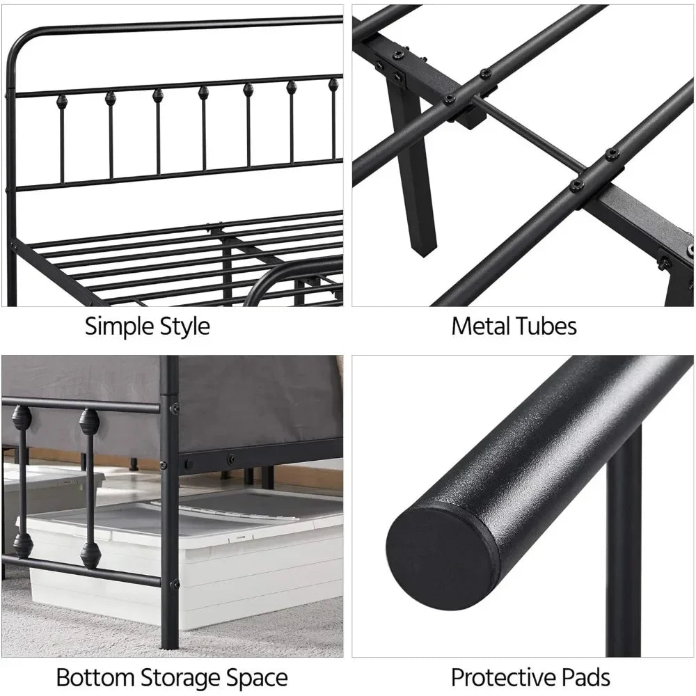 Bed Frame Metal Platform Mattress Foundation with Victorian Iron-Art Headboard/Footboard Bed Storage Queen Size Black BedFrame