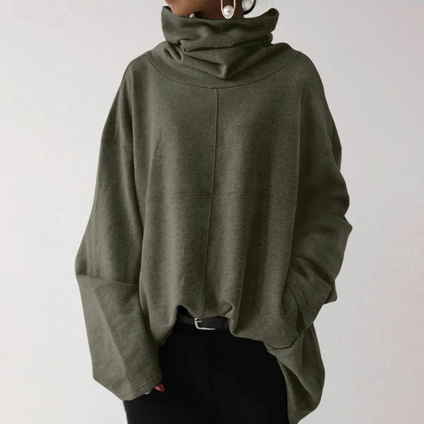 High Neck Warm Solid Color Fashionable Casual Hooded Sweater Long Sleeveturtle Neck Sweatshirt Pocket Loose Tops Oversize Coats