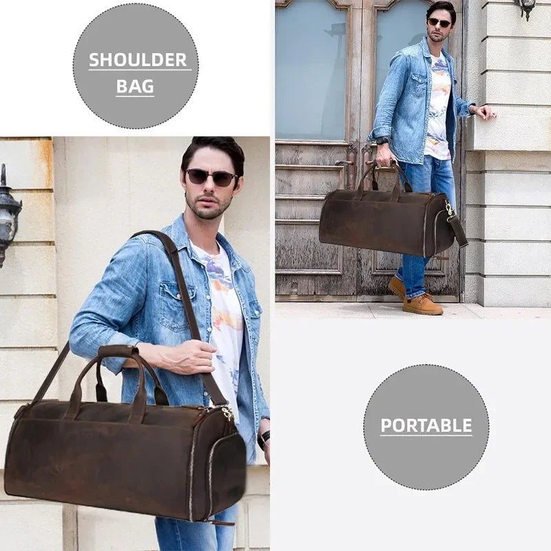 Grain Leather Travel Weekender Overnight Large Duffel Bag 2 in 1 Hanging Suitcase Suit Travel Bags for Men